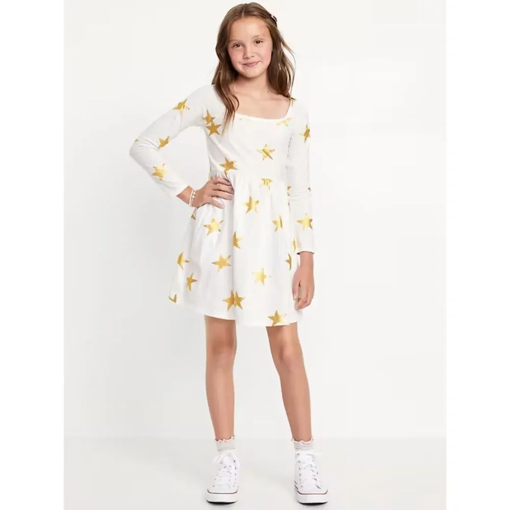 Old Navy Girl's Dress Long Sleeve Fit Flare Pockets Stars Cream Gold 14/16 Q176